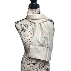 Vintage Silk Embroidered White Scarf With Floral Design Long Rectangle Head Wrap
